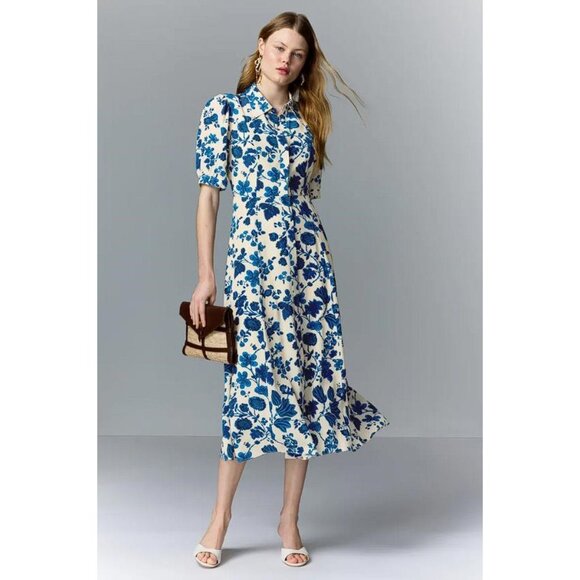 LK Bennett Dresses & Skirts - LK Bennett Cream Midi Dress with Blue Floral Print